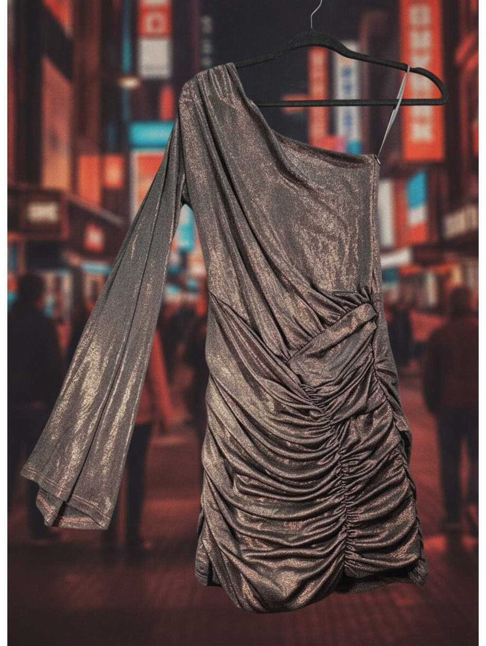 Zara XS One-Shoulder Ruched Metallic Mini Dress